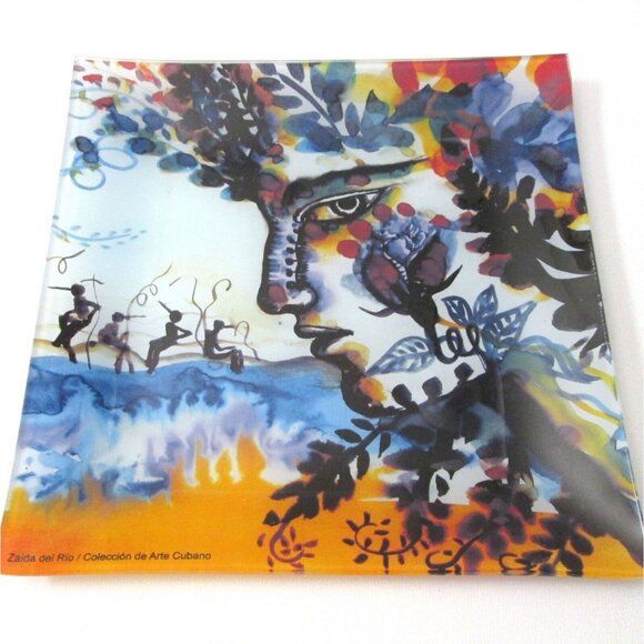 Zaida Del Rio Glass Dish Cuban Artist 8" Square Plate Flower Lady By Ocean - Picture 3 of 7